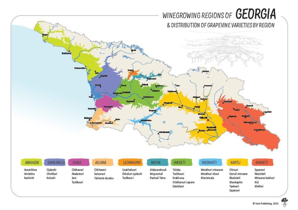 Winegrowing regions of Georgia and distribution of grapevine varieties