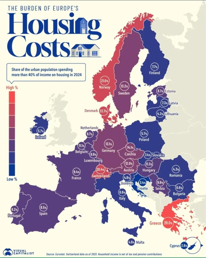 Share of the urban population spending more than 40% of income on housing in 2024