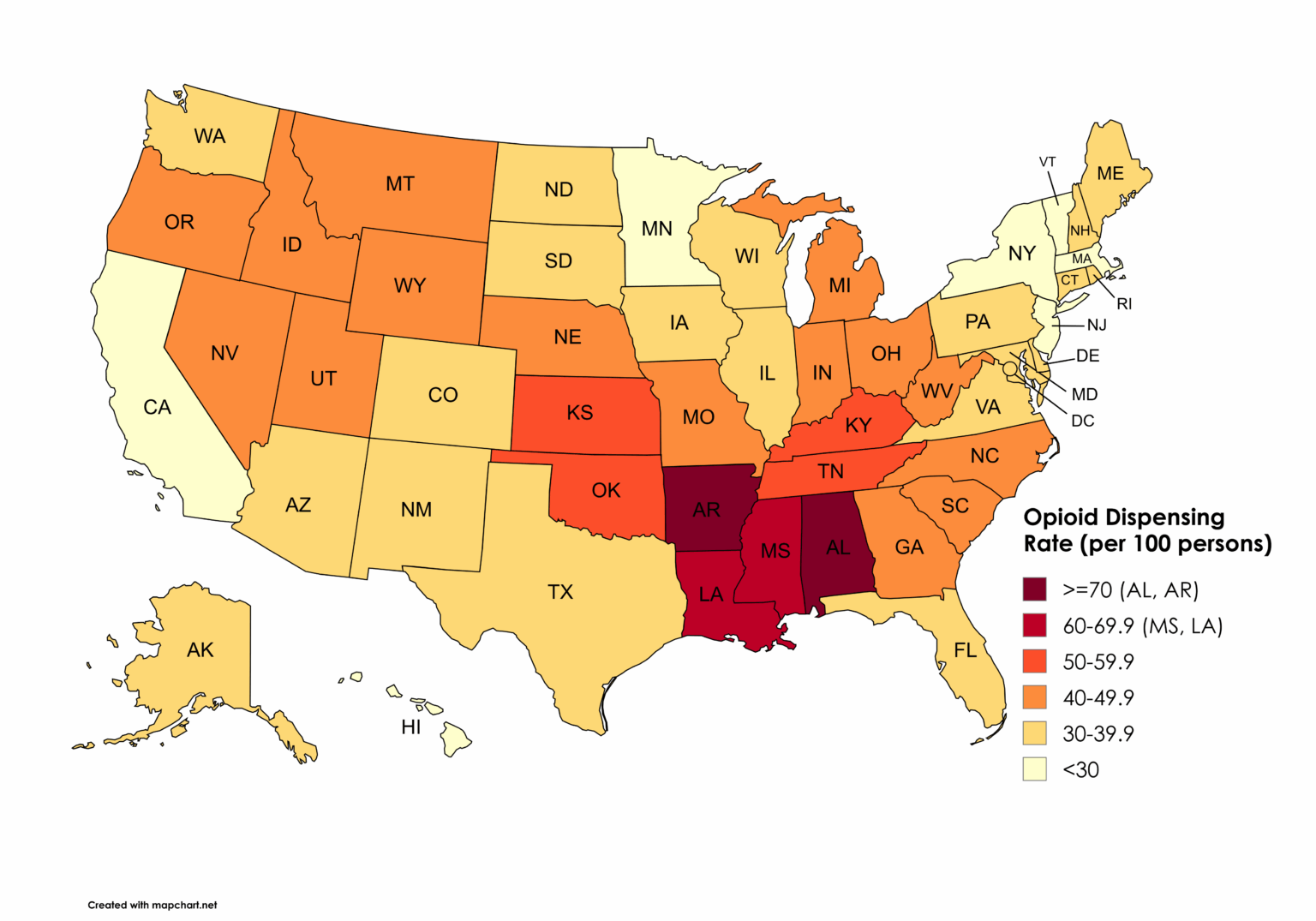 [OC] Opioid Dispensing Rate (per 100 persons) by US State in 2023
