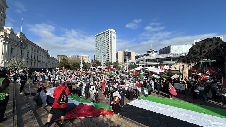 Crowds gather in Aotea Square to "March for Humanity" .