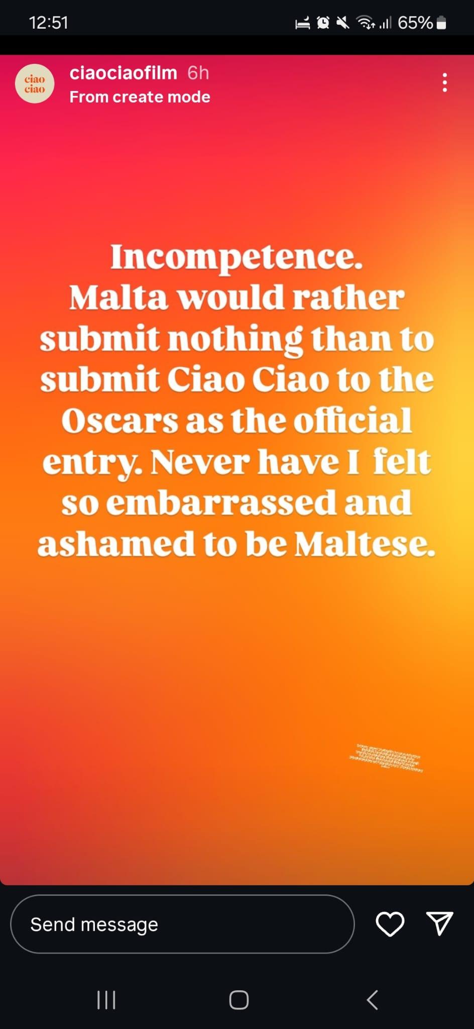 Screenshot of the comment on Ciao Ciao's social media page.