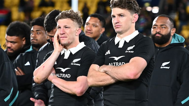 Damian McKenzie, left, and Beauden Barrett react to the All Blacks' defeat to the Boks in Wellington.