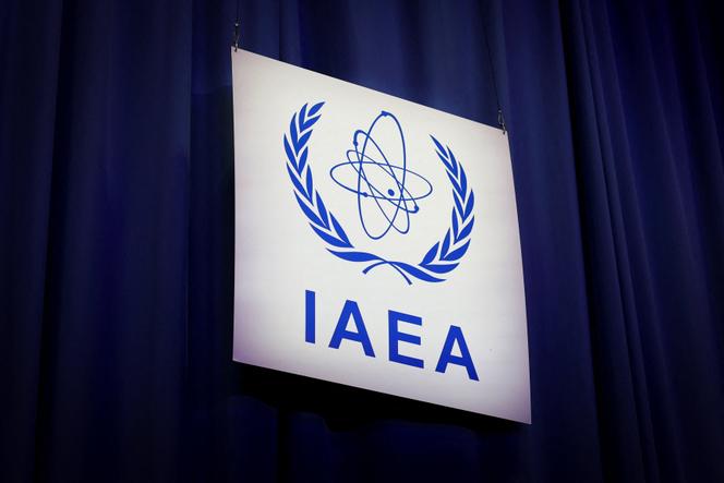 An International Atomic Energy Agency (IAEA) sign at the opening of the IAEA General Conference at the agency's headquarters in Vienna, Austria, September 15, 2025. 