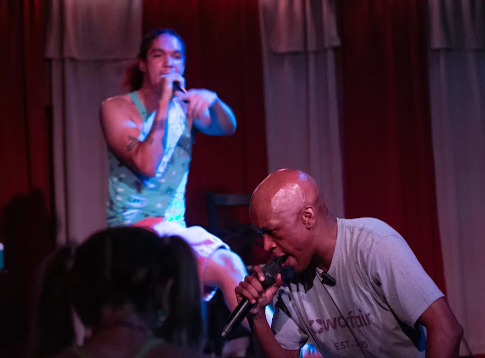 (L-R) Cardynal and DK perform at the "Bird Brain" album release party at Flicker Theatre on Friday, Aug. 29, 2025.