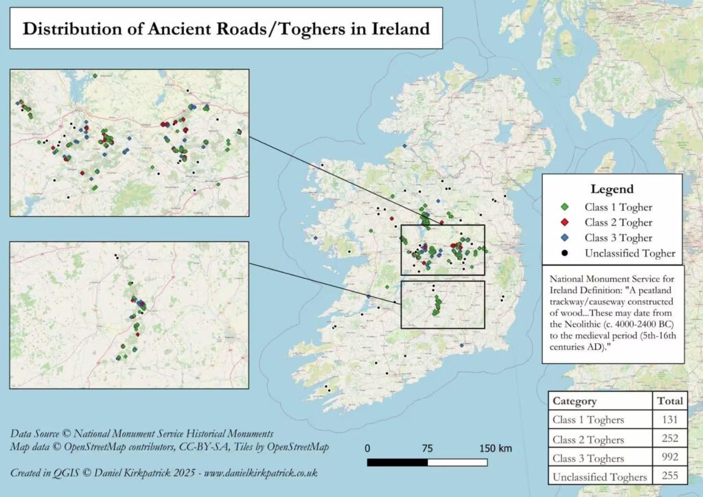 [OC] Distribution of prehistoric roads or toghers across Ireland
