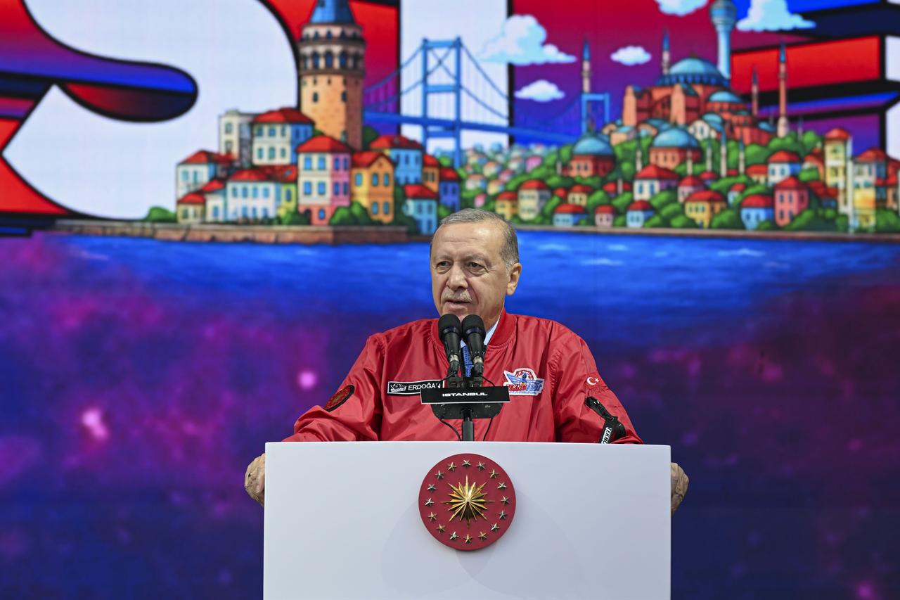 President Recep Tayyip Erdogan makes a speech as he attends the third day of Türkiye's premier technology and aerospace event TEKNOFEST, organized under the leadership of the Turkish Ministry of Industry and Technology , in Istanbul, Türkiye on Sep. 19, 2025. (TUR Presidency / AA Photo)