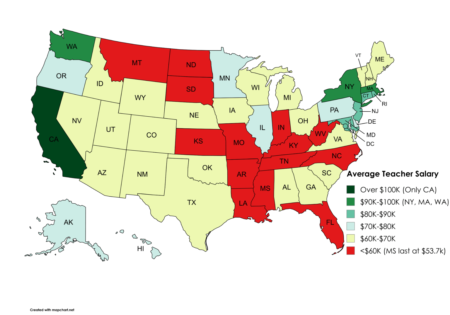 [OC] Average Teacher Salary by US State 2023-24