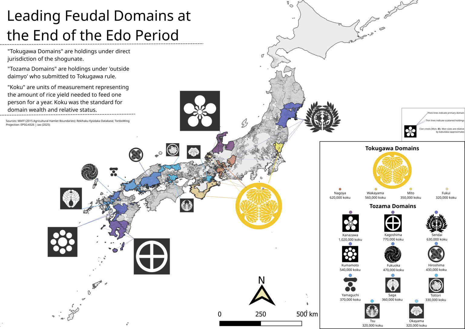 Edo Period Domains controlled by Daimyo had relative wealth, status, and power measured by annual rice yield, or kokudaka. This map exhibits the 15 leading domains by the end of the Edo period. ~18862, Japan [OC]