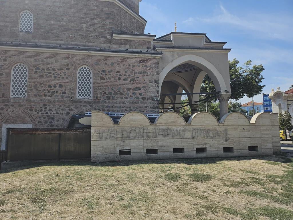 "We Dont Need Your Diversity" inscription on the mosque in Sofia