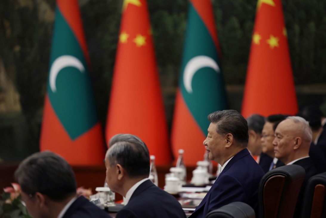 China's President Xi Jinping holds a bilateral meeting with Maldivian President Mohamed Muizzu ahead of the Shanghai Cooperation Organization (SCO) Summit 2025 in Tianjin, China on Sunday.