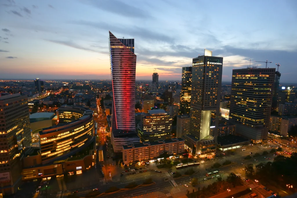 Sunset over Warsaw city of Poland