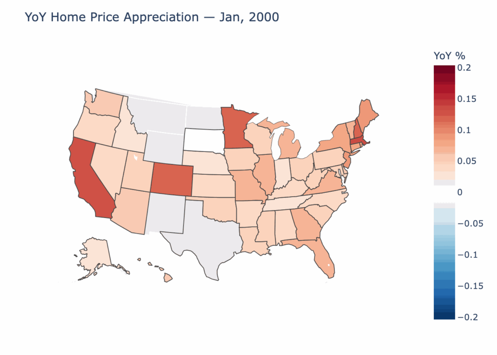[OC] Monthly YoY Home Price Appreciation Across US States