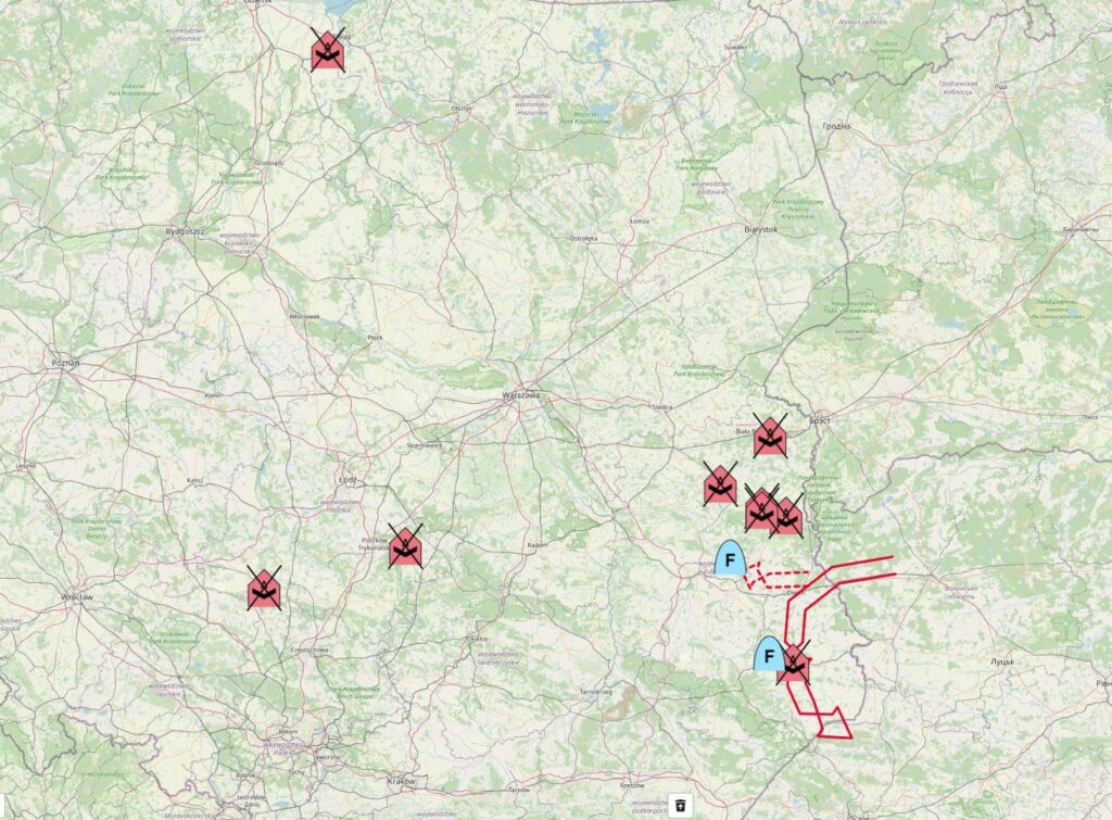 Map of all places where Poland shot down Russian drones.