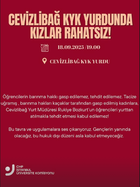 CHP university commissions units, today at 17.00 Cevizlibağ Atatürk KYK Girls' Dormitory will make a statement in front of.