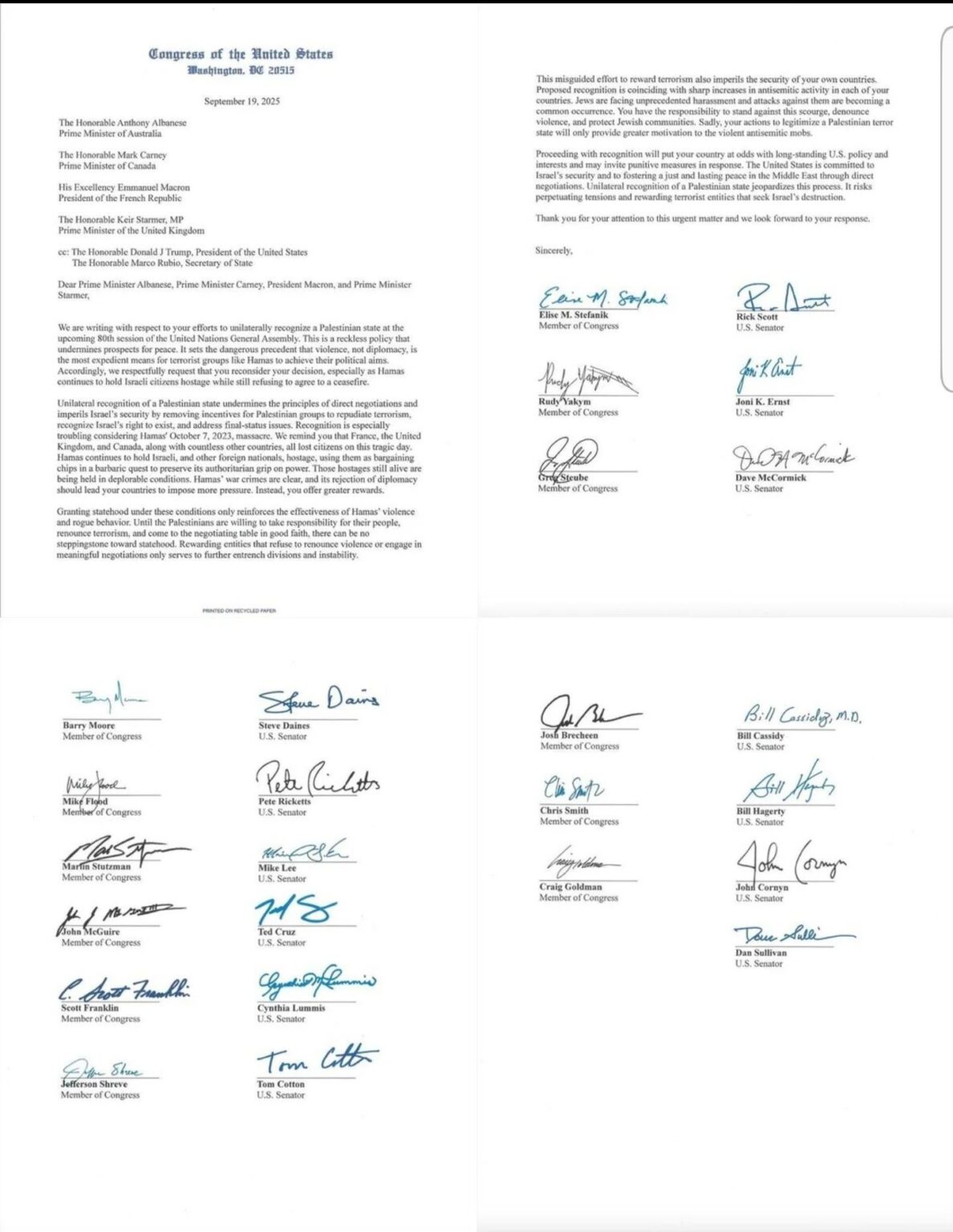 25 American deputies threaten to sanction France, the United Kingdom, Canada and Australia in the event of recognition of Palestine