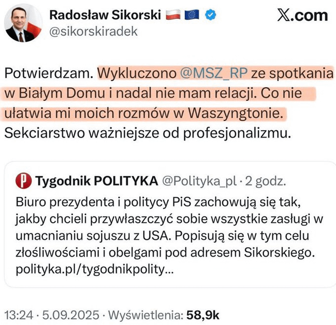 Sikorski still has not received information from the president's office regarding the course of the meeting with Trump