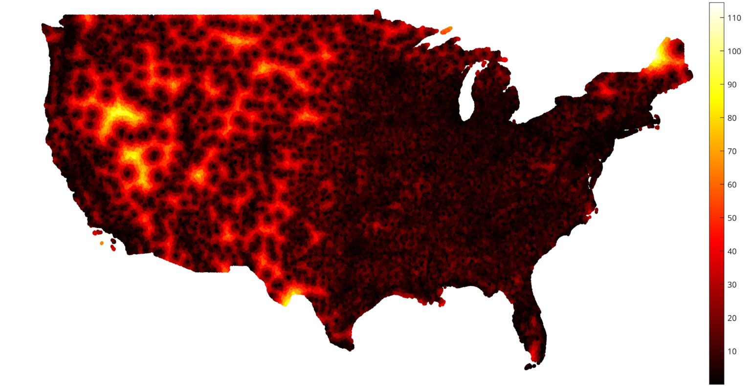 [OC] Remoteness: distance in miles to the nearest town with more than 1,000 people
