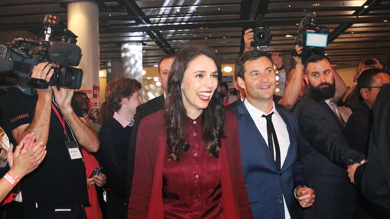 Jacinda Ardern and partner Clarke Gayford on election night, September 2017, just weeks before she learned she was pregnant. 