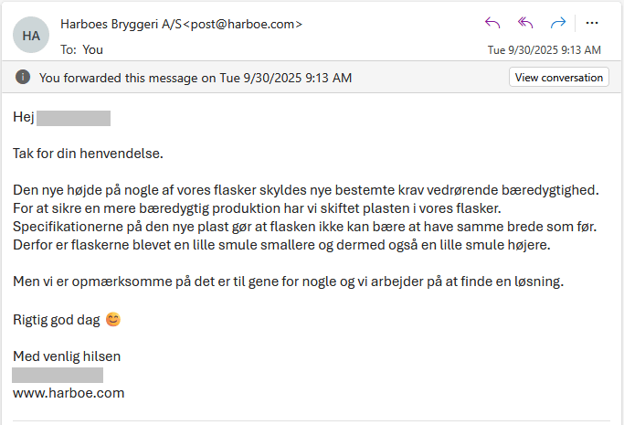 Answer from Harboe regarding their towering 2-liter bottles
