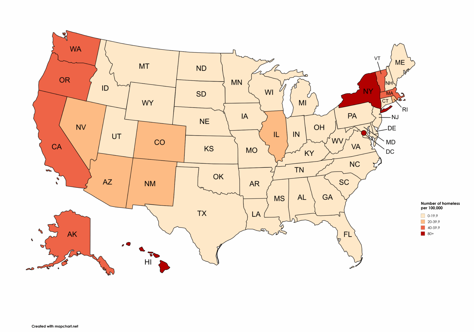 [OC] Number of homeless per 100,000, by state (2024)