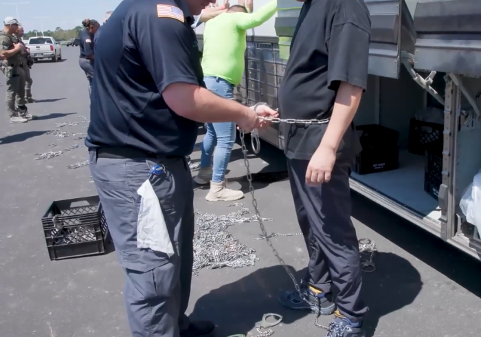 Workers at the construction site of Hyundai Motor-LG Energy battery JV plant in Georgia detained by ICE on Sept. 6, 2025 (Screenshot captured from ICE's video)