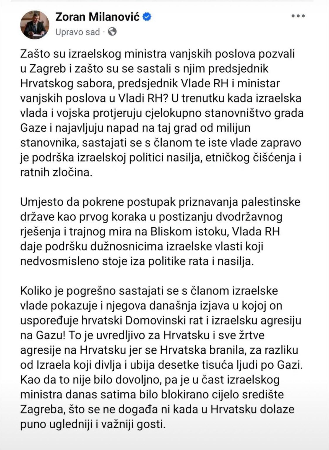 President's response to a visit to Israeli Foreign Minister