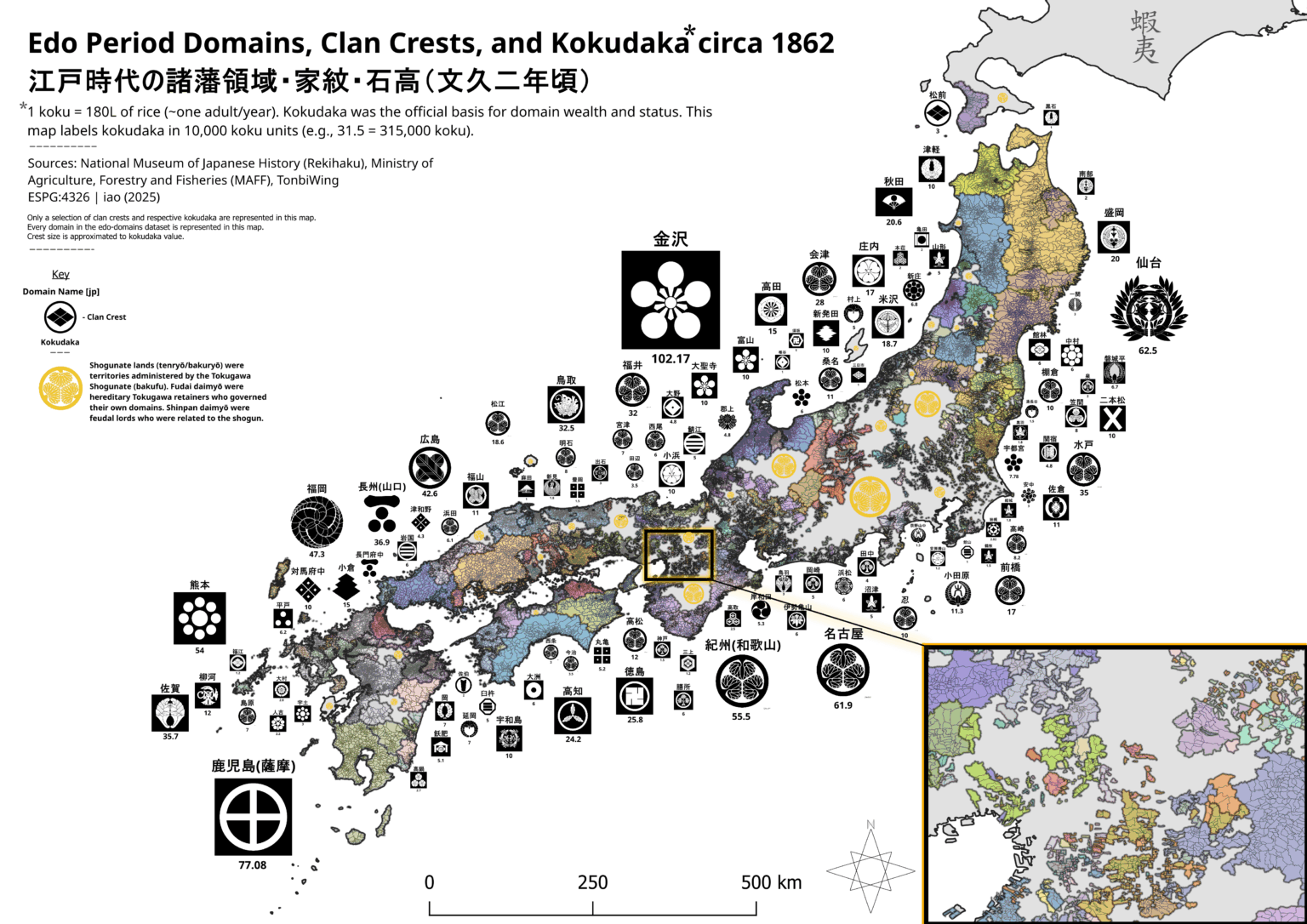 Edo Domains, Clan Crests, and Kokudaka in ~1862 Japan [OC]