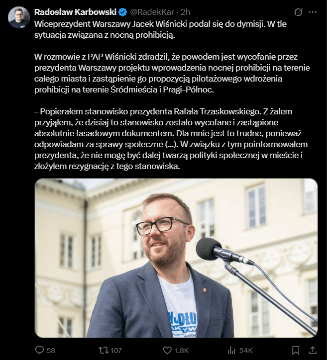 Warsaw Vice President Jacek Wiśnicki resigned. In the background, the situation related to the night prohibition.