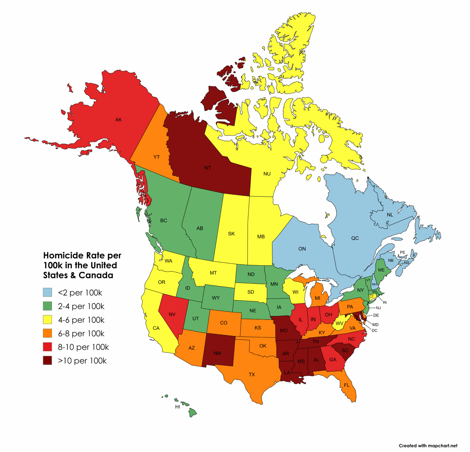 Homicide Rate per 100k in the United States & Canada [OC]