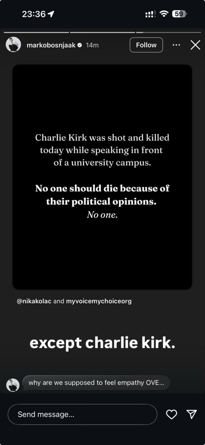Croatian representative at Eurovision Marko Bosniak supported the murder of Kirk.
