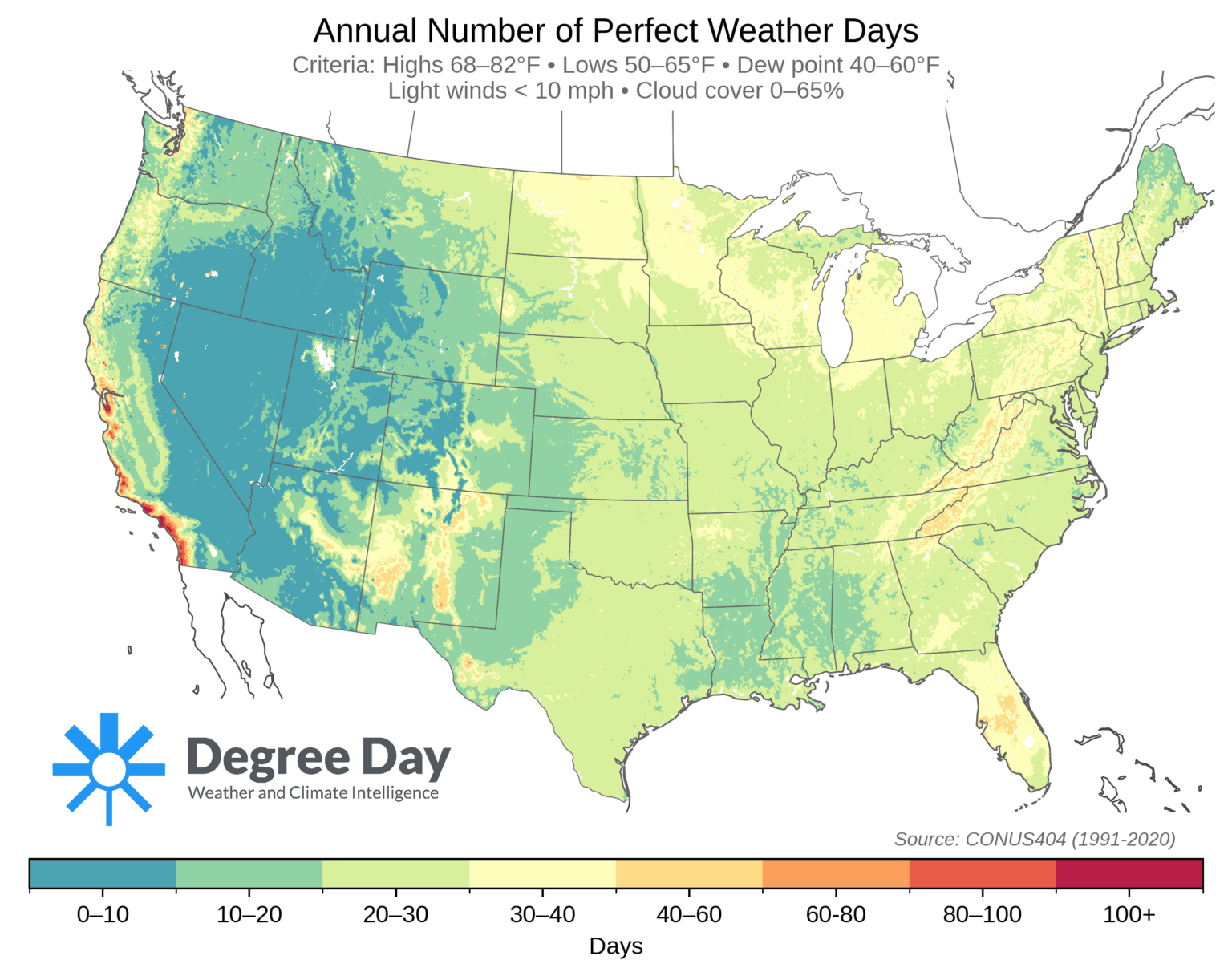 [OC] Annual Number of "Perfect Weather" Days