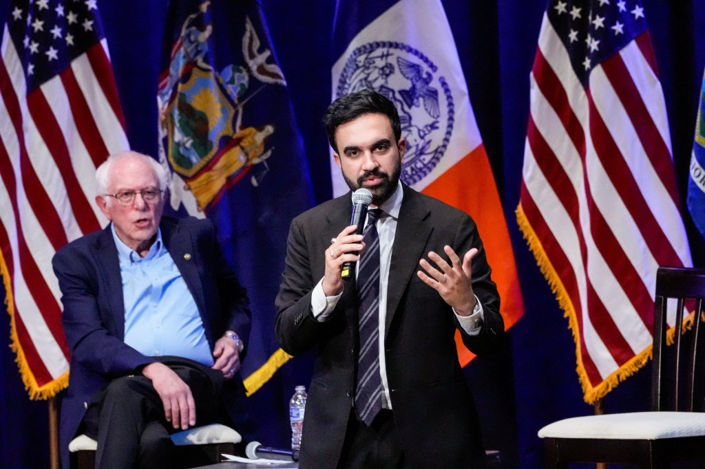 Senator Bernie Sanders and New York City mayoral candidate Zohran Mamdani at a town hall on affordability.