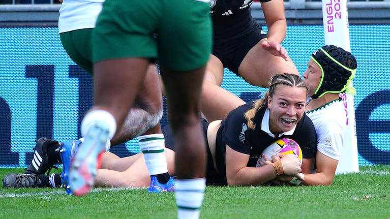 New Zealand's Renee Holmes scores her side's third try of the game during the Women's Rugby World Cup 2025 quarterfinal match between New Zealand and South Africa, in Exeter