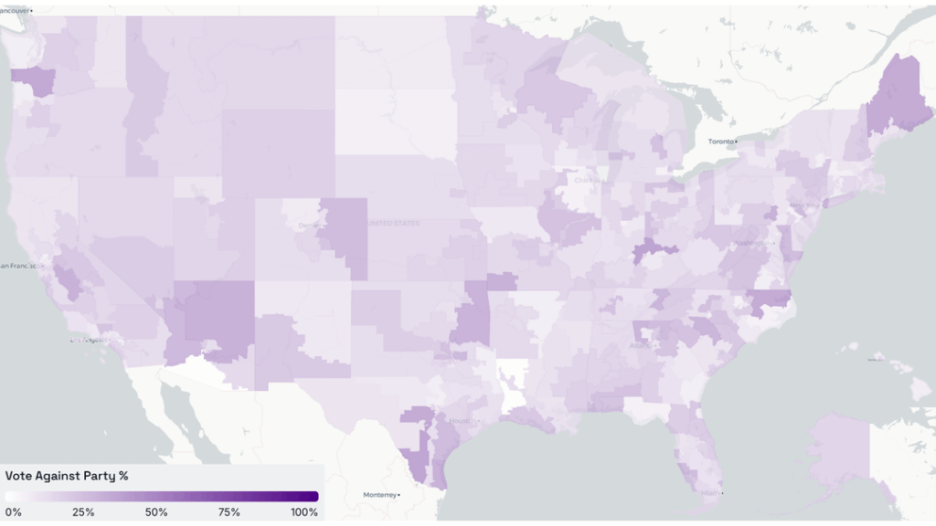 [OC] - How often do US house reps vote against their own party in 2025? Heatmap % + party affiliations