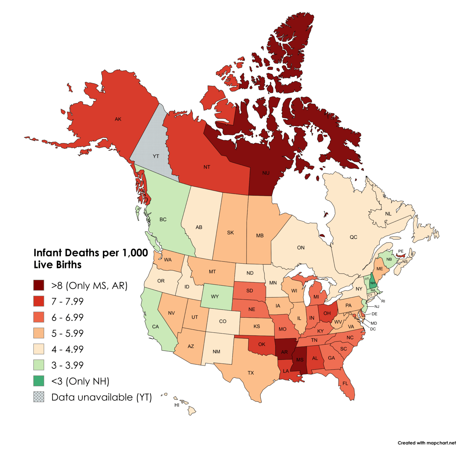 [OC] Infant Deaths per 1,000 Live Births by State and Province