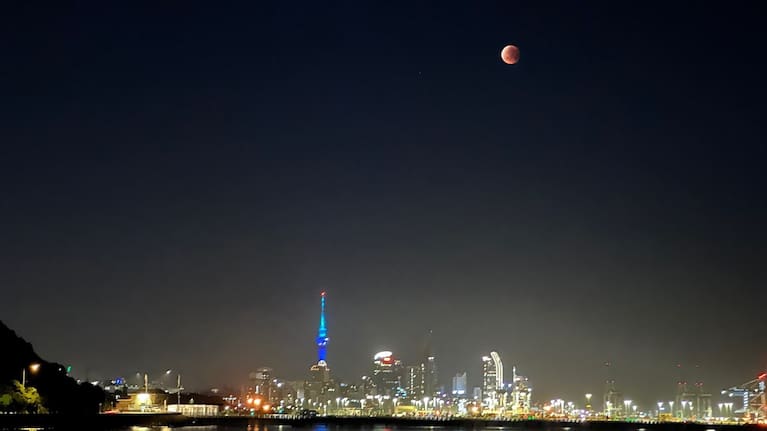 Photo taken of the blood moon above the Auckland skyline. 