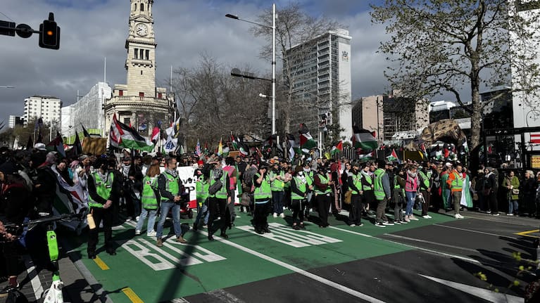 Protestors march down Auckland's Queen Street.