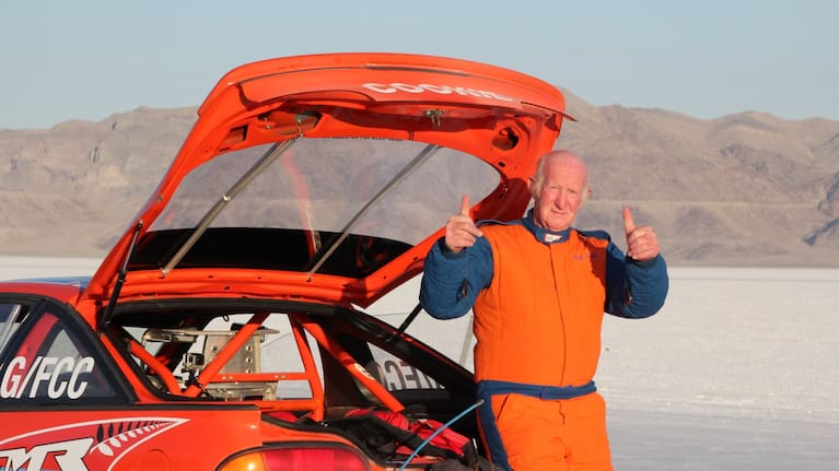 Reg Cook with one of his first record breakers, Cookie, in Bonneville.