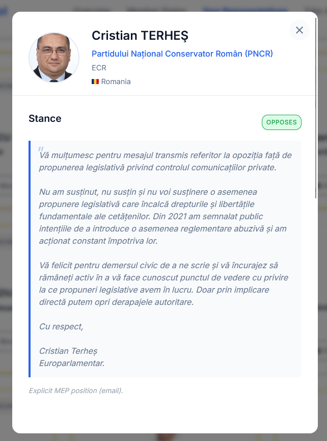 Terheș is against the Chat Control law.