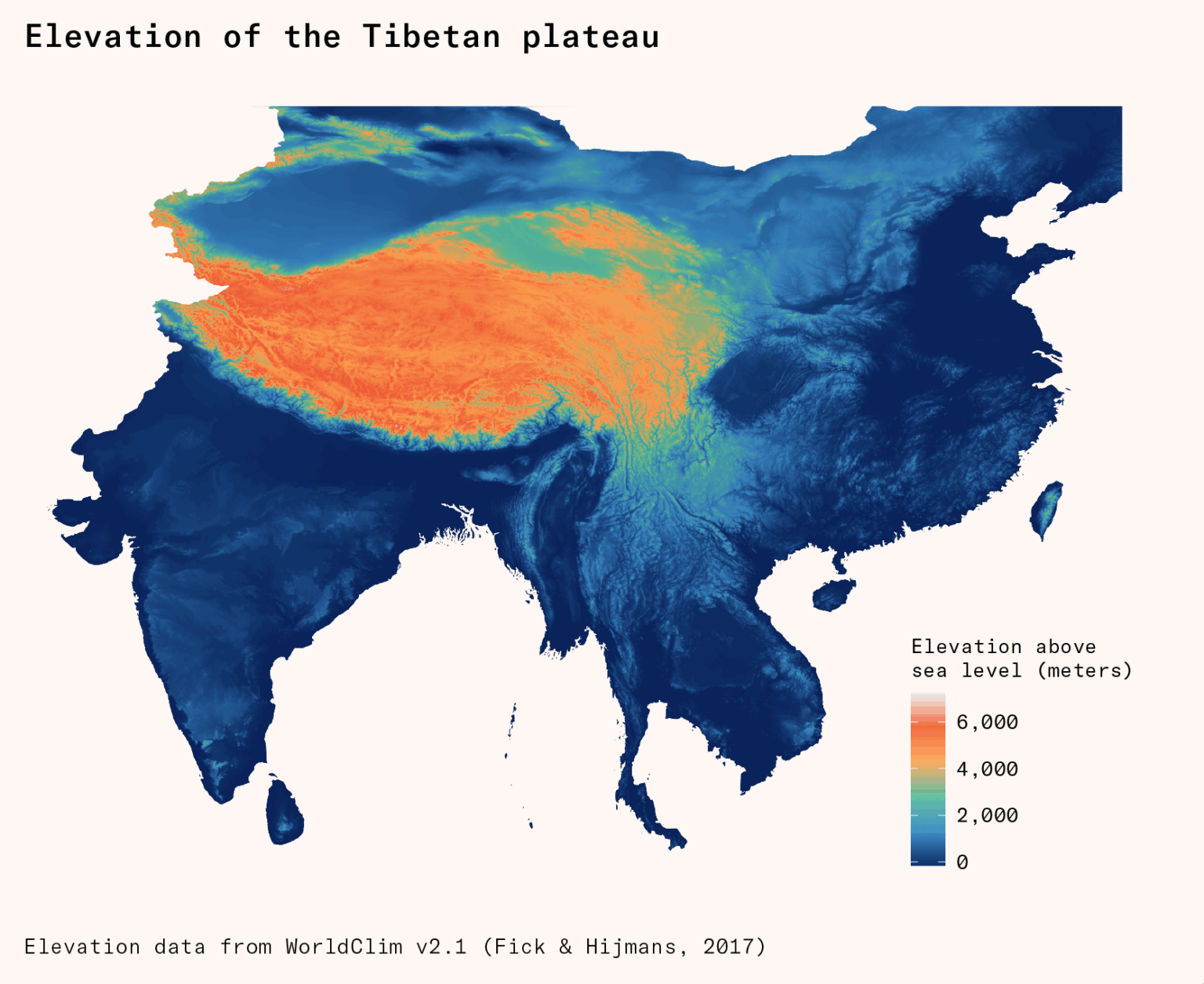 [OC] Elevation map of the Tibetan plateau