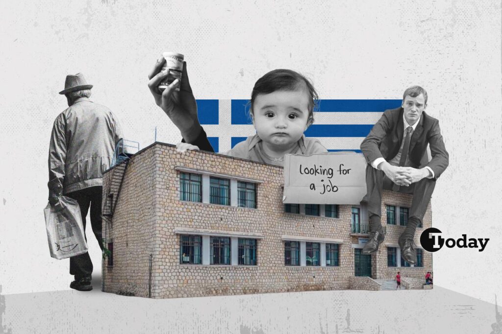 This photo shows symbols of Greece’s demographic and economic crisis, including an elderly man, a child, a hand holding money, a man with a “Looking for a job” sign, and an empty school building against the Greek flag. (Collage by Türkiye Today/Mehmet Akbas)