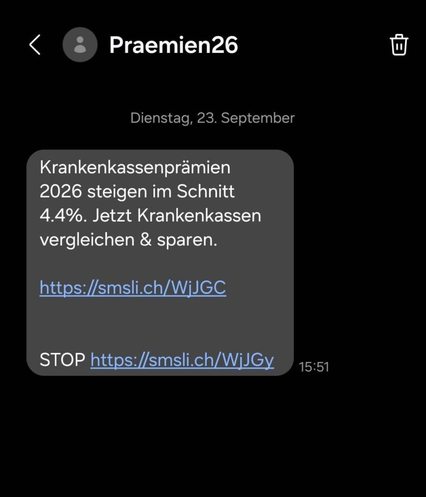 Short after the press conference from the Bundesrat about the new prices of health insurance came this message via SMS(android) - Another Scam i think