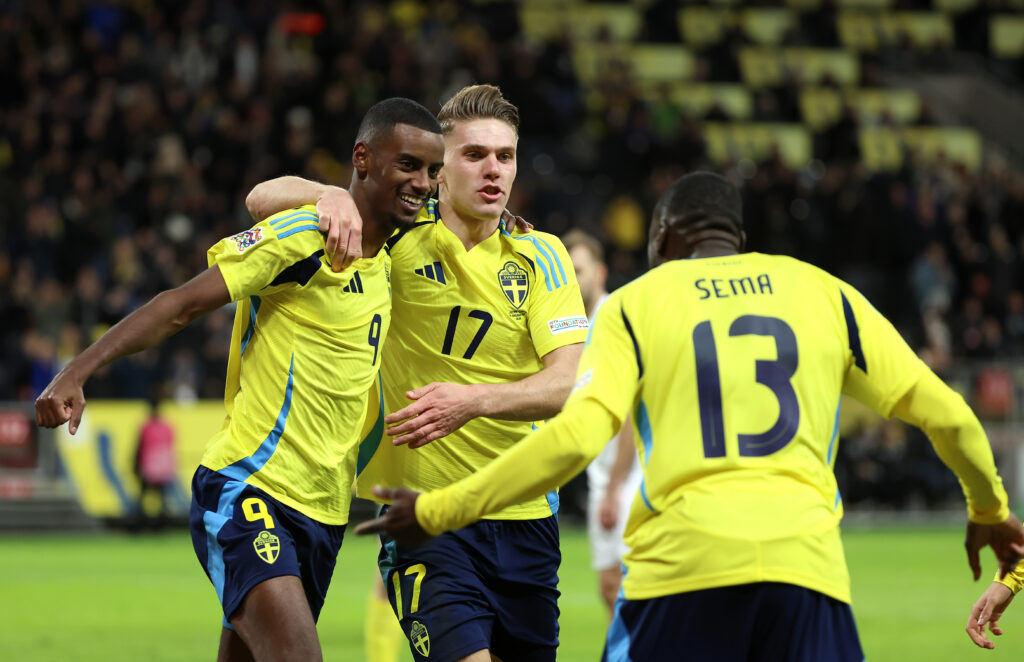 SOLNA, SWEDEN - NOVEMBER 16: Alexander Isak of Sweden celebrates scoring his team's second goal with team mate Viktor Gyokeres and Ken Sema of Sweden during the UEFA Nations League 2024/25 League C Group C1 match between Sweden and Slovakia at the Strawberry Arena on November 16, 2024 in Solna, Sweden. (Photo by Michael Campanella/Getty Images)