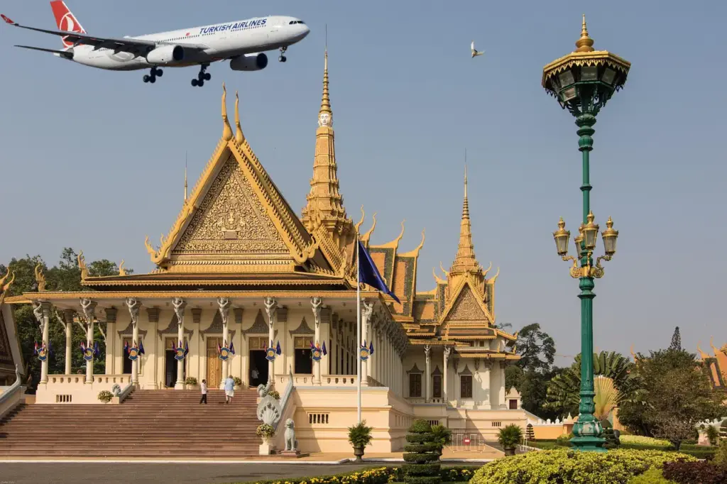 Turkish Airlines aircraft flying above the Royal Palace in Phnom Penh, Cambodia.