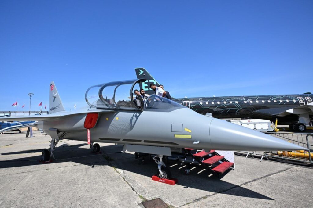 Visitors look at the Hurjet as on display during the 55th edition of the International Paris Air Show at the Paris–Le Bourget Airport, in Le Bourget, north of Paris, June 20, 2025. (AA Photo)