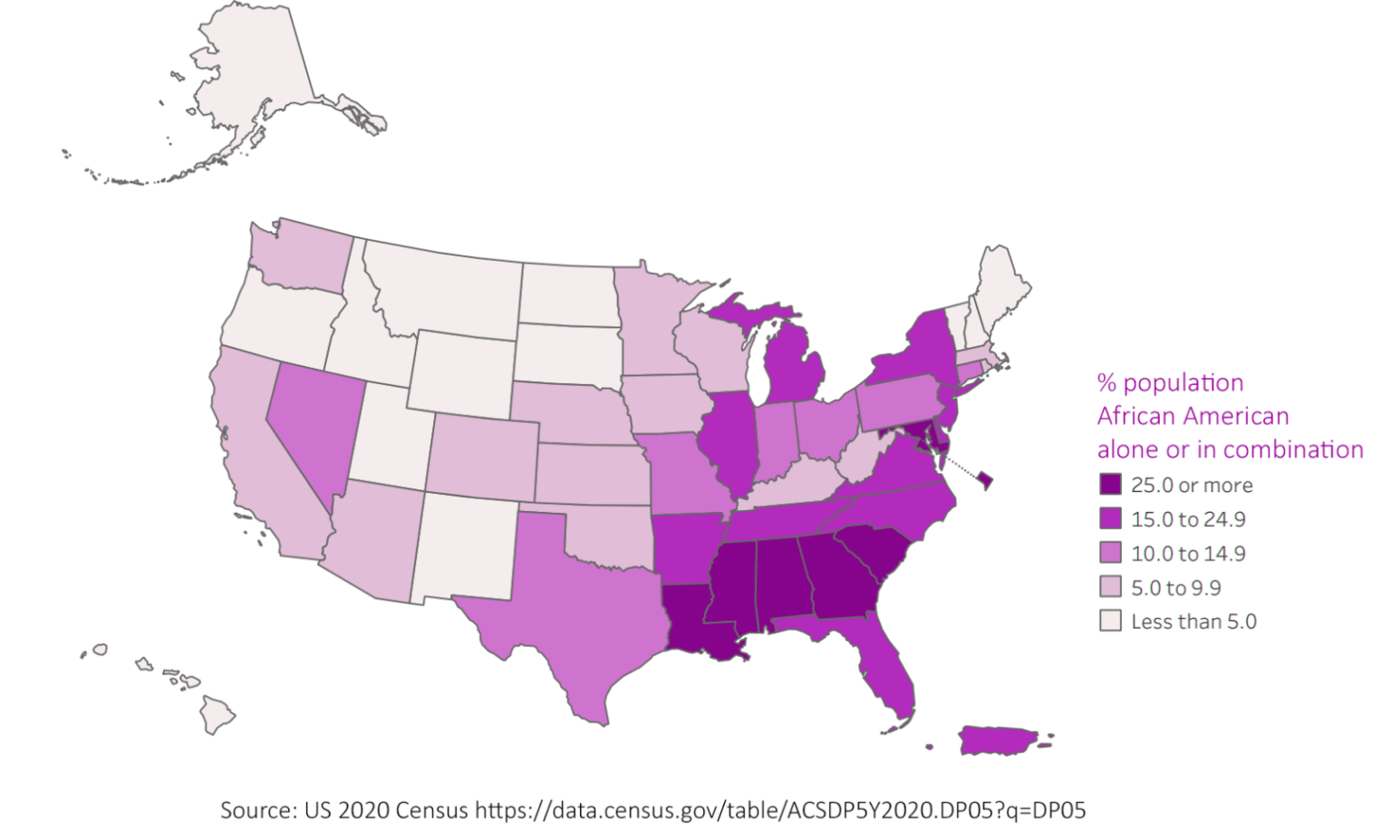 [OC] Percent population African American alone or in combination by state