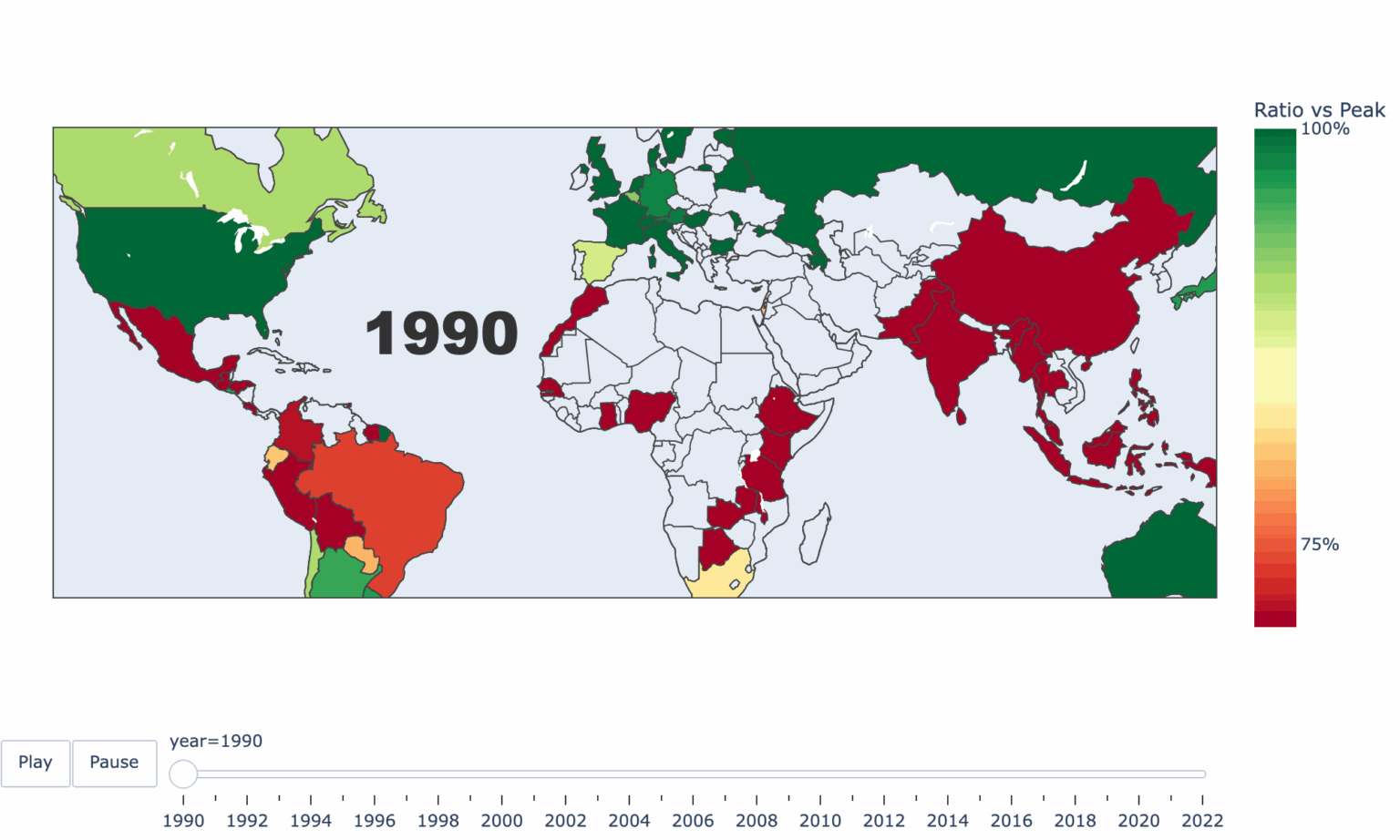 [OC] The Rise and Fall of Manufacturing Jobs Around the World (1990–2022)