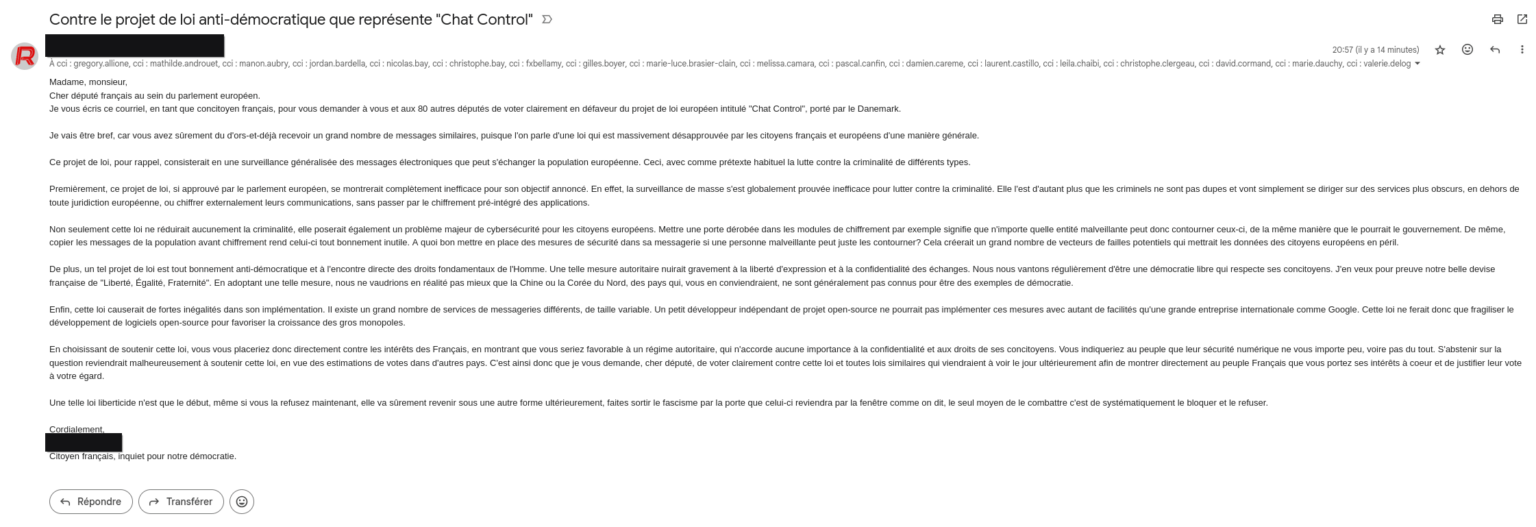 I sent an email with all French European deputies in CCI for, I hope, encourage them to vote against Cat Control (we should all do it)