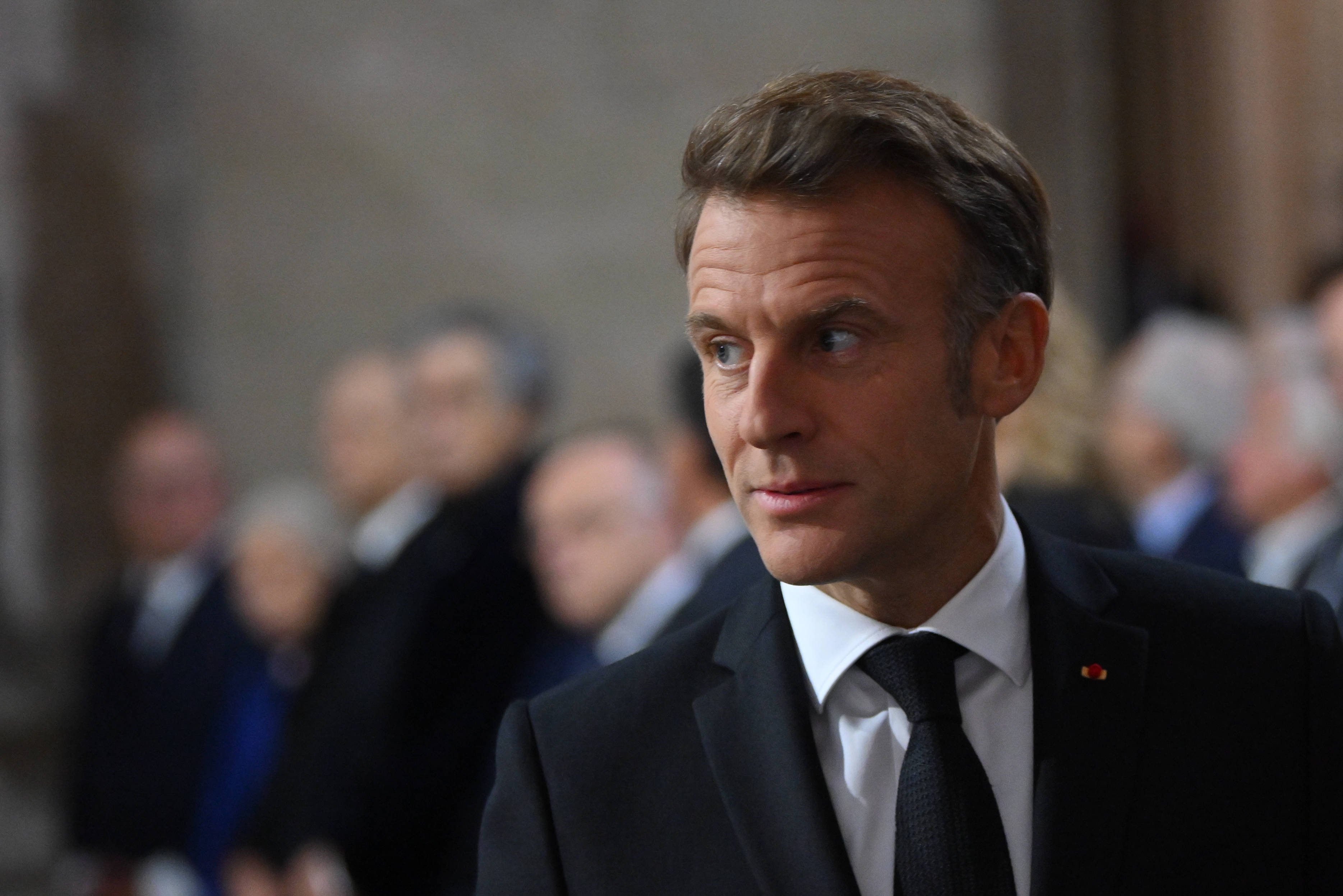 French President Emmanuel Macron during a ceremony to induct Robert Badinter into the Pantheon.