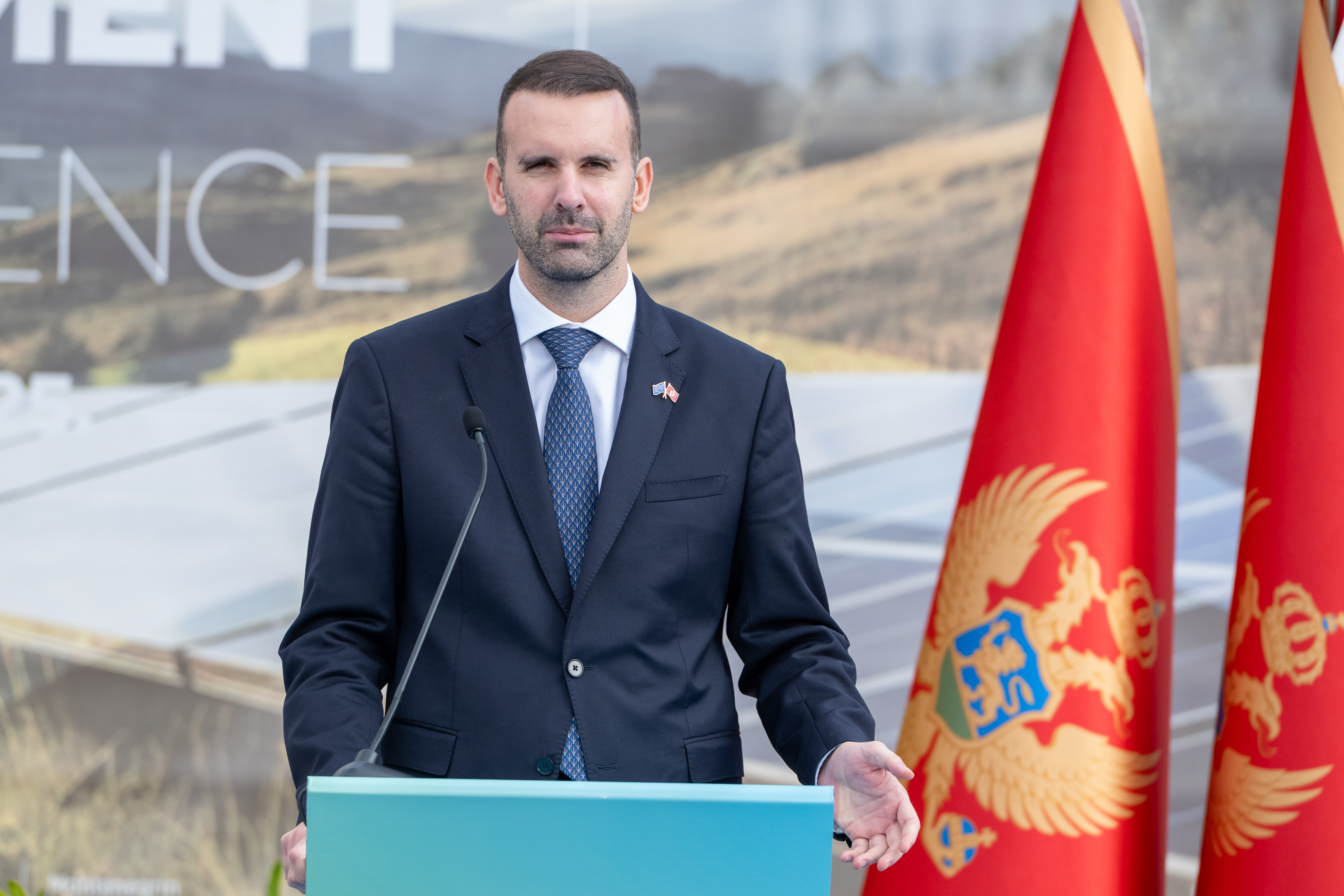 Montenegrin Prime Minister Milojko Spajic at a press conference.